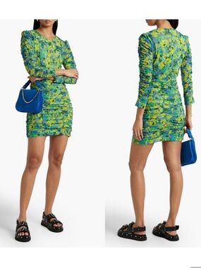 Ganni Ruched Floral Mesh Midi Dress Sulphur Spring Size 34 US 2